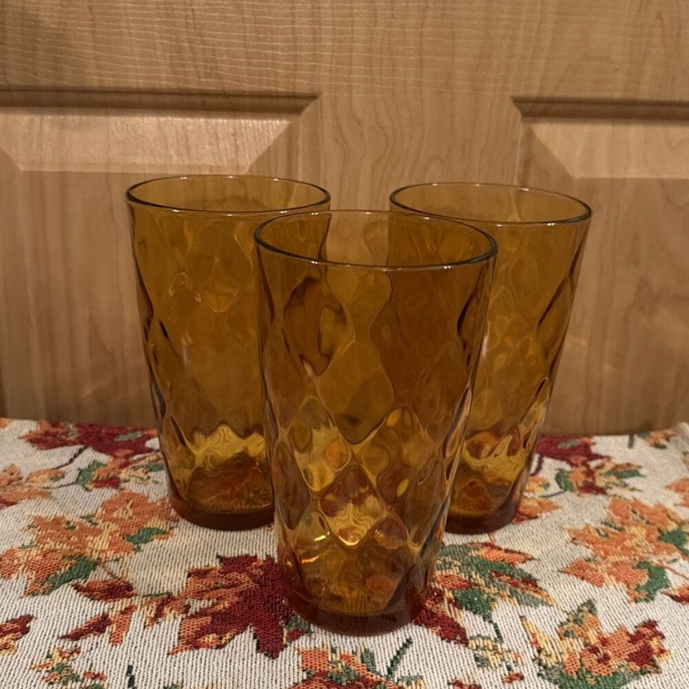 Vintage ATLAS Amber Diamond Optic Drinking Glasses 24oz. Set/3. Excellent Cond!